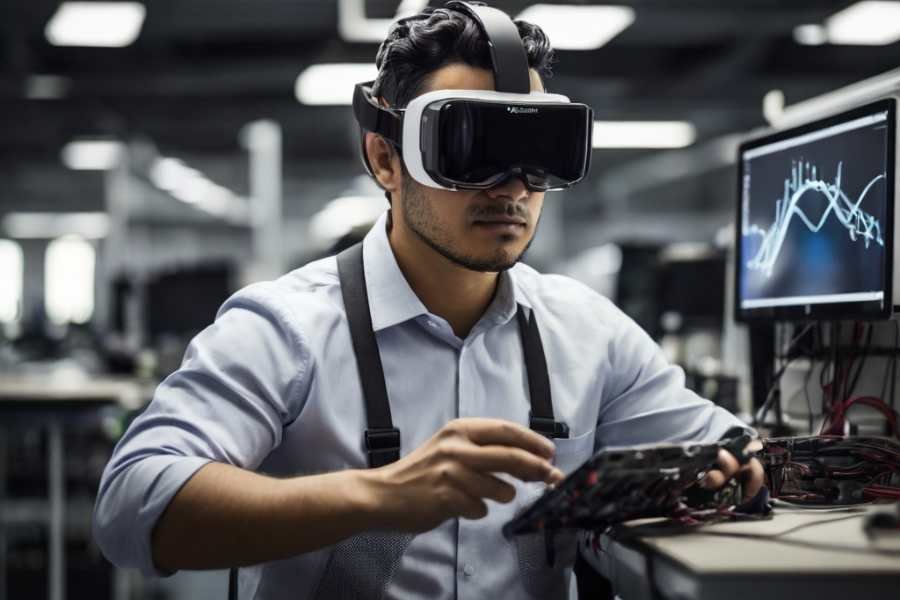 Ingeniero trabajando en un laboratorio tecnológico en el desarrollo de un casco de realidad virtual avanzado.