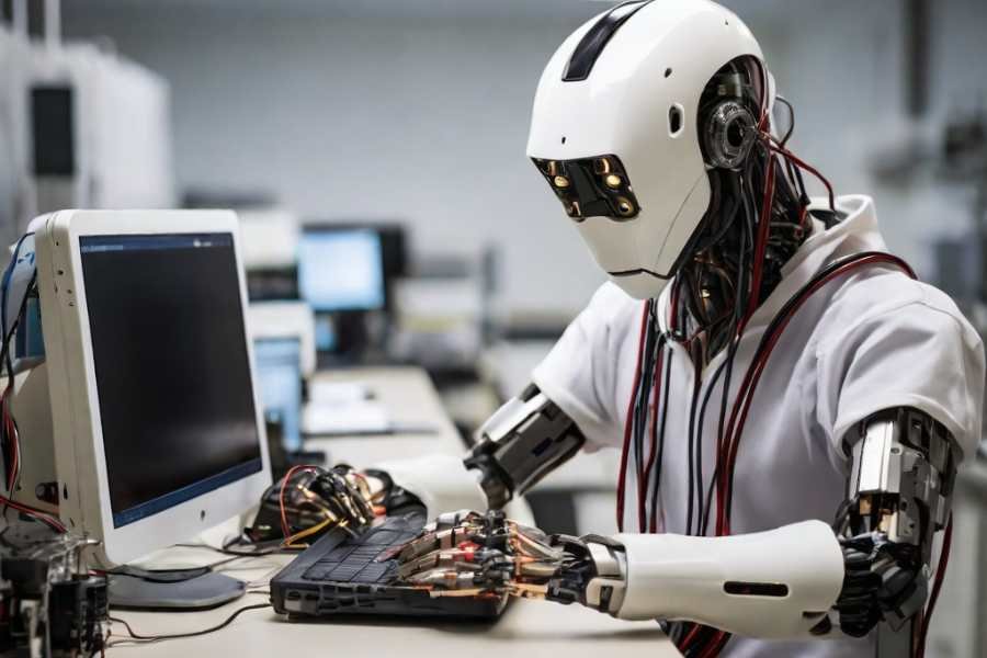 Persona interactuando con un robot avanzado en un laboratorio de tecnología
