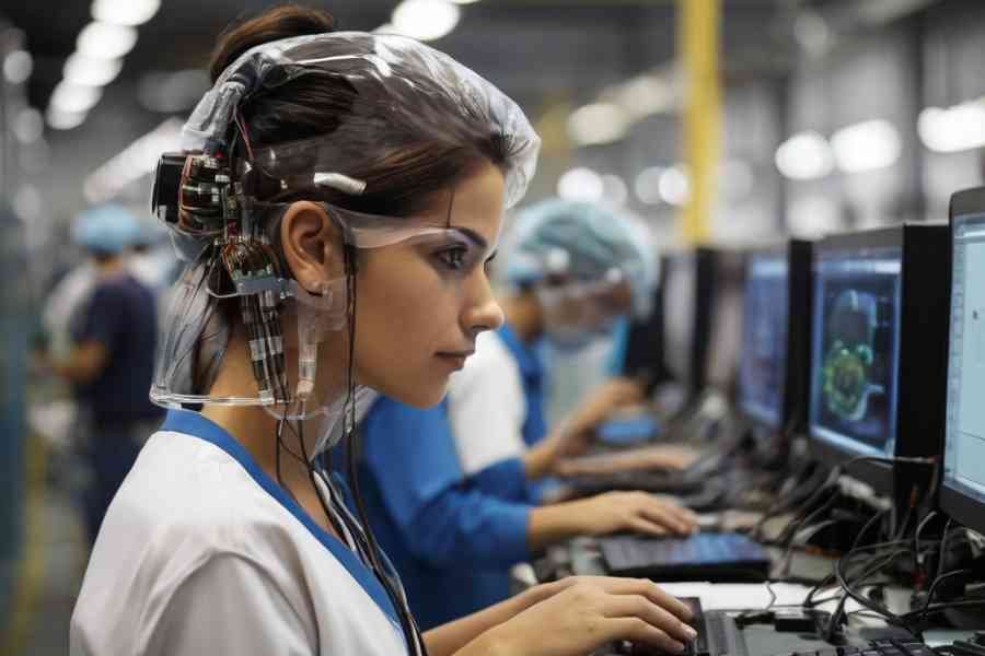 Ingeniero revisando un robot industrial en una fábrica inteligente.