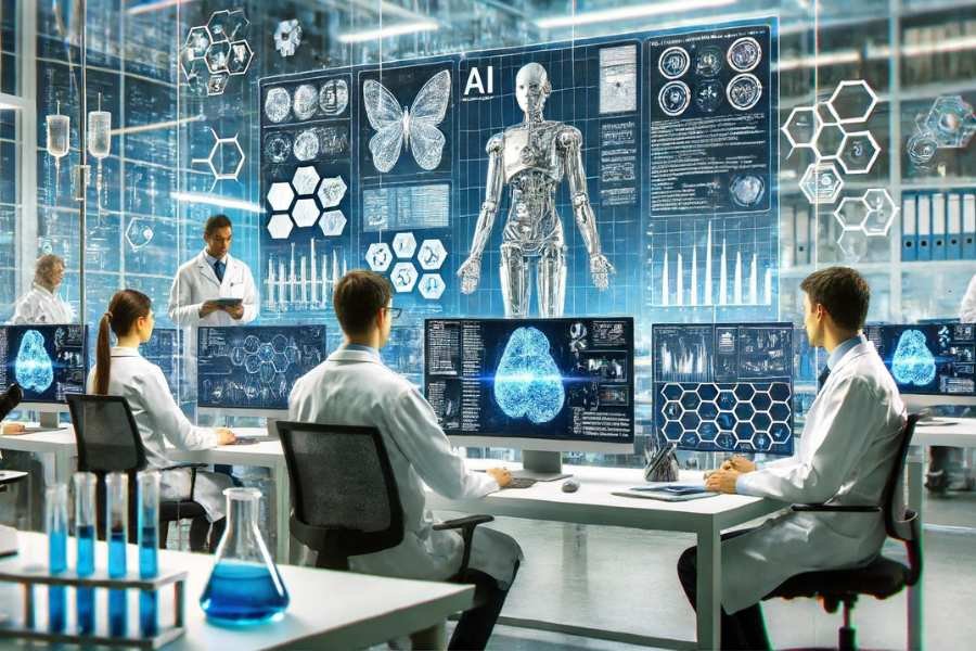 Profesionales médicos utilizando un software de IA en un hospital