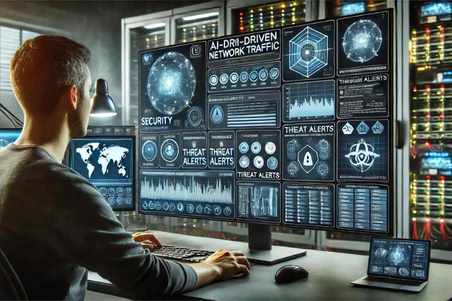 Analista de seguridad monitoreando un panel de control de IA