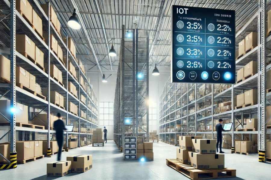 Sensores IoT monitoreando la temperatura en un almacén de alimentos.