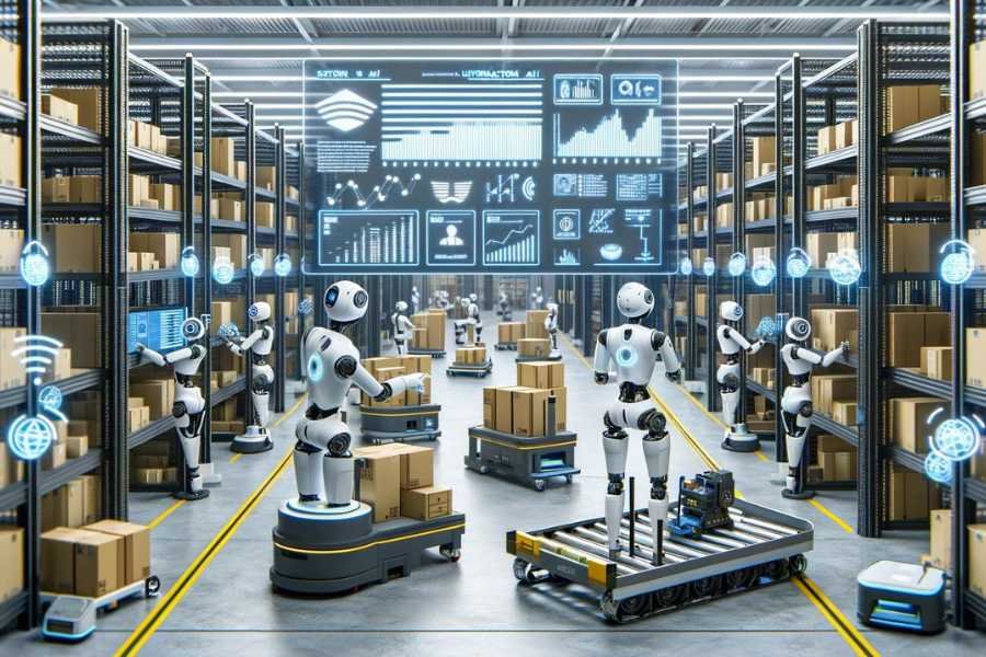 Robots automatizados organizando productos en un almacén.