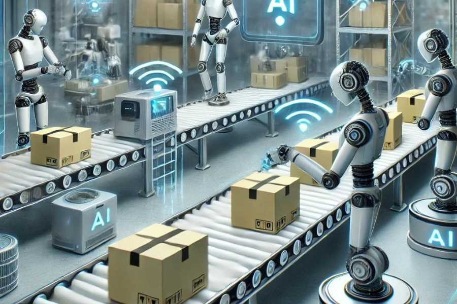 Robots de IA en un almacén automatizado.