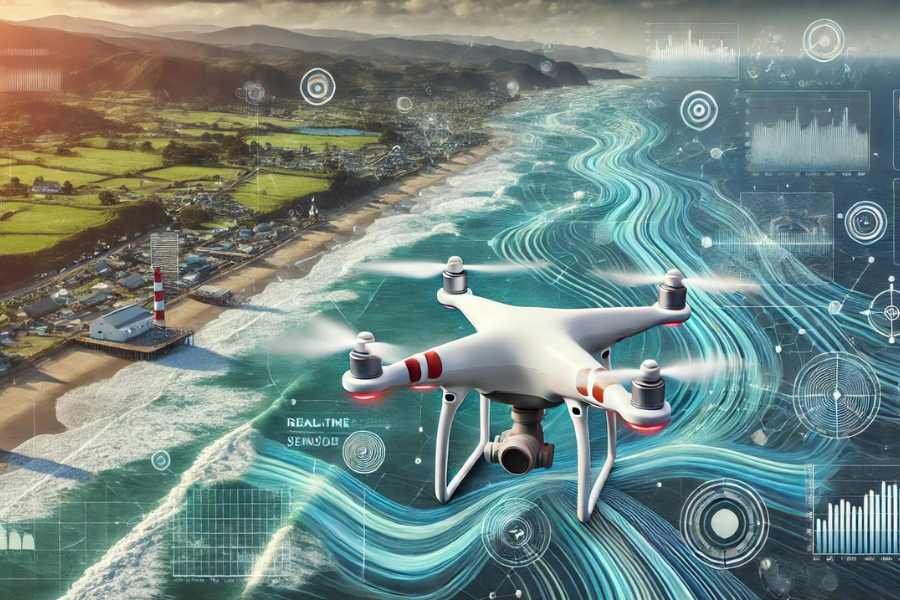 Dron sobrevolando una costa con sensores de datos