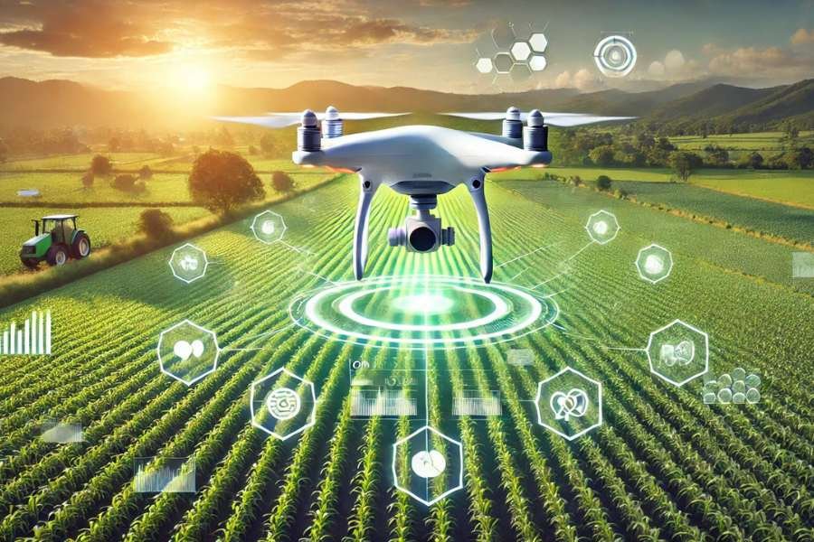 Drones monitoreando cultivos en un campo agrícola.