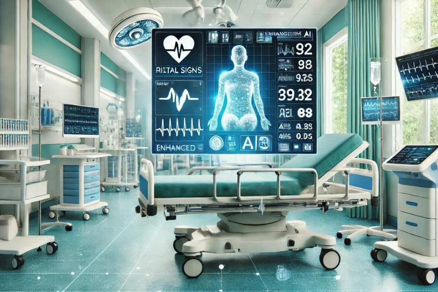 Monitor de signos vitales con tecnología de IA en un hospital.