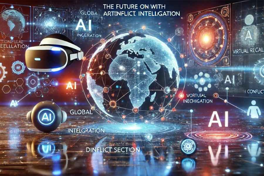 Representación conceptual del futuro de la mediación con IA, mostrando integración global y tecnologías emergentes.