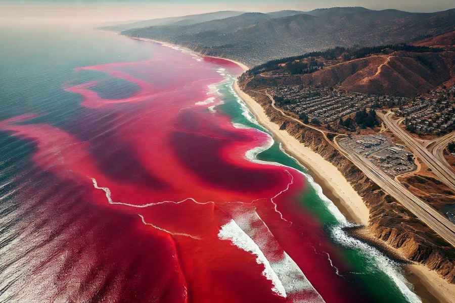 Vista aérea de una marea roja en un ecosistema costero.