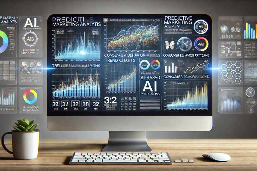 Interfaz de una plataforma de análisis predictivo de marketing impulsada por IA que muestra gráficos de tendencias y predicciones de comportamiento del consumidor.