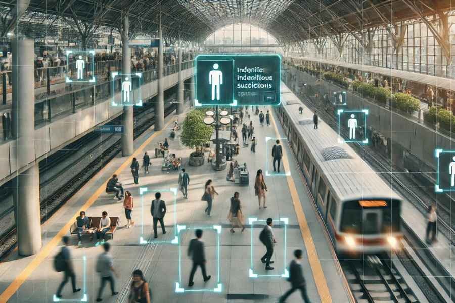 Cámaras de seguridad inteligentes detectando comportamientos anómalos en un espacio público, como una plaza o estación de tren.