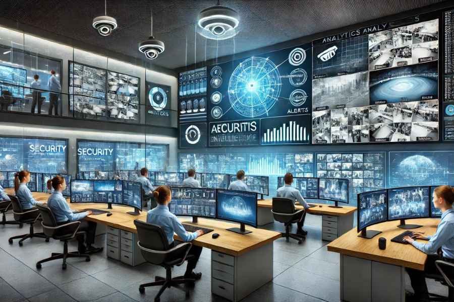 Operadores de seguridad monitoreando imágenes en tiempo real en un centro de control utilizando inteligencia artificial para analizar videos.