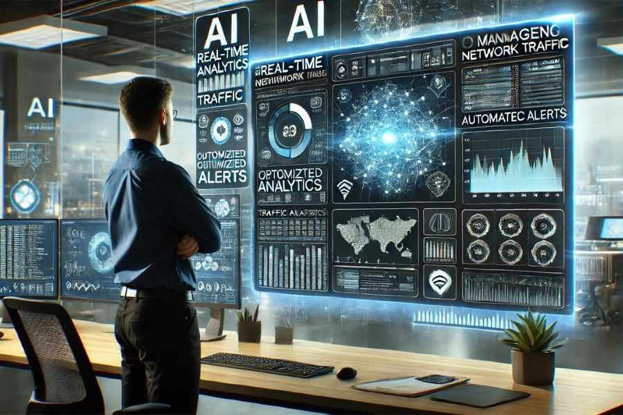 Administrador de red monitoreando el tráfico en una plataforma con IA en tiempo real.