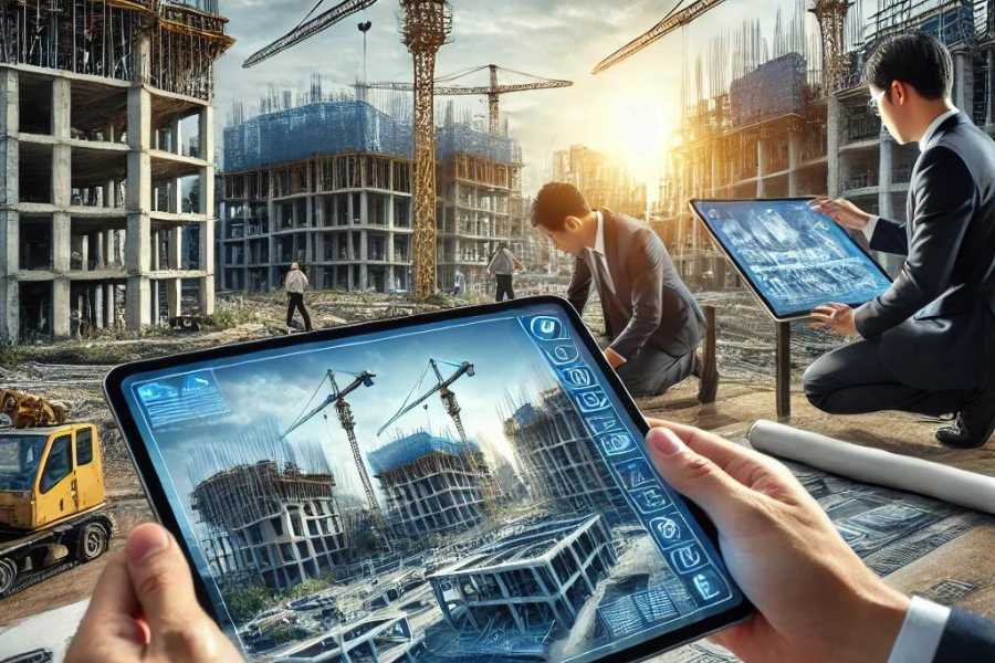 Equipo de construcción utilizando tabletas y tecnología de realidad aumentada en un sitio de construcción.