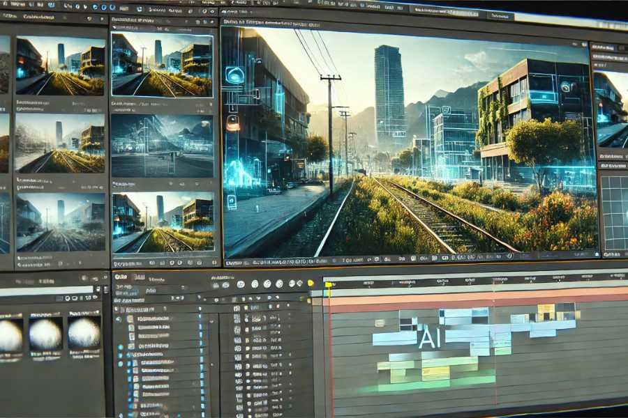 Editores trabajando con IA en la postproducción de efectos visuales.