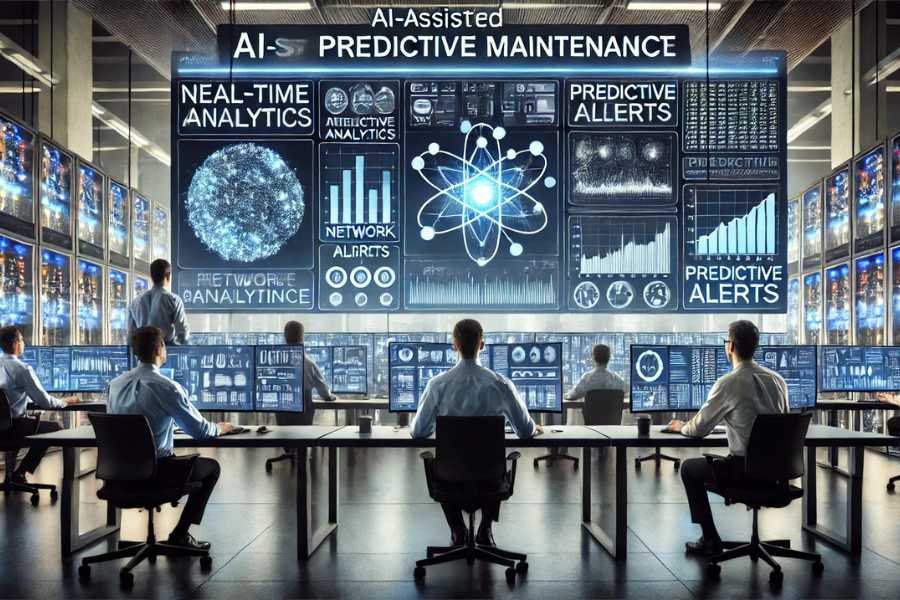 Técnicos en centro de control gestionando mantenimiento predictivo con IA