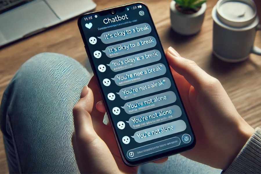 Persona que utiliza un chatbot de IA en su teléfono inteligente para obtener apoyo emocional relacionado con su salud mental.