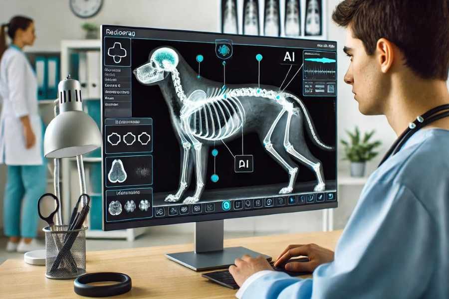 Veterinario utilizando IA para interpretar una radiografía de un perro y detectar posibles anomalías