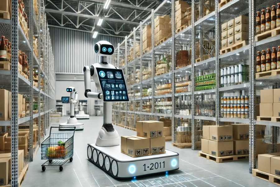 Automatización en almacenes de alimentos con robots gestionando productos.