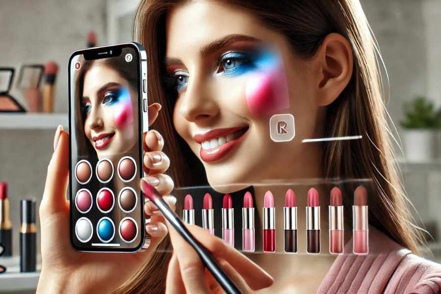 Mujer probando maquillaje virtualmente con la aplicación de Sephora utilizando realidad aumentada.