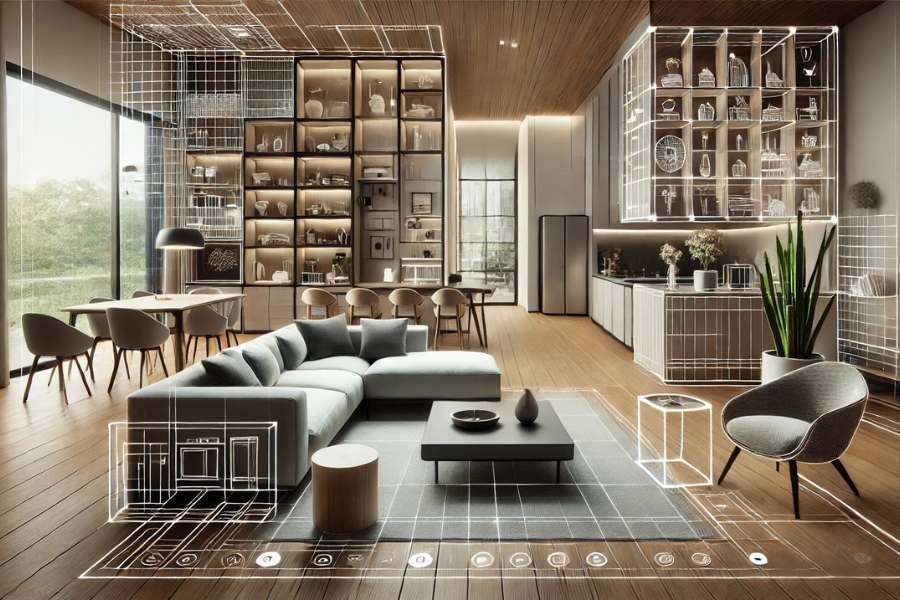 Visualización de un diseño de interiores generado por IA, mostrando la disposición optimizada de muebles en un salón moderno.