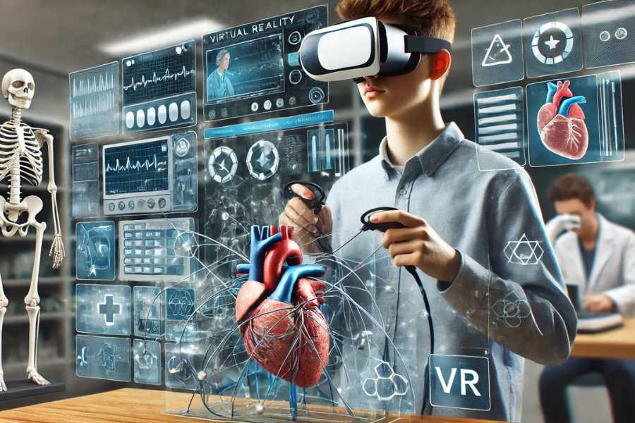 Entorno de realidad virtual donde un estudiante aprende habilidades técnicas