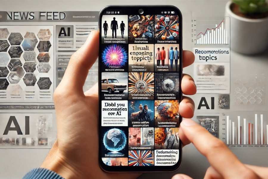 Una persona viendo un feed de noticias personalizado en una aplicación móvil, con contenido relevante sugerido por IA.