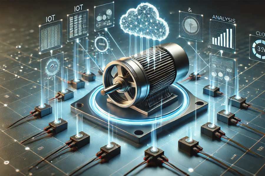 Representación de una red de sensores conectados a un motor, enviando datos en tiempo real a una nube de procesamiento.