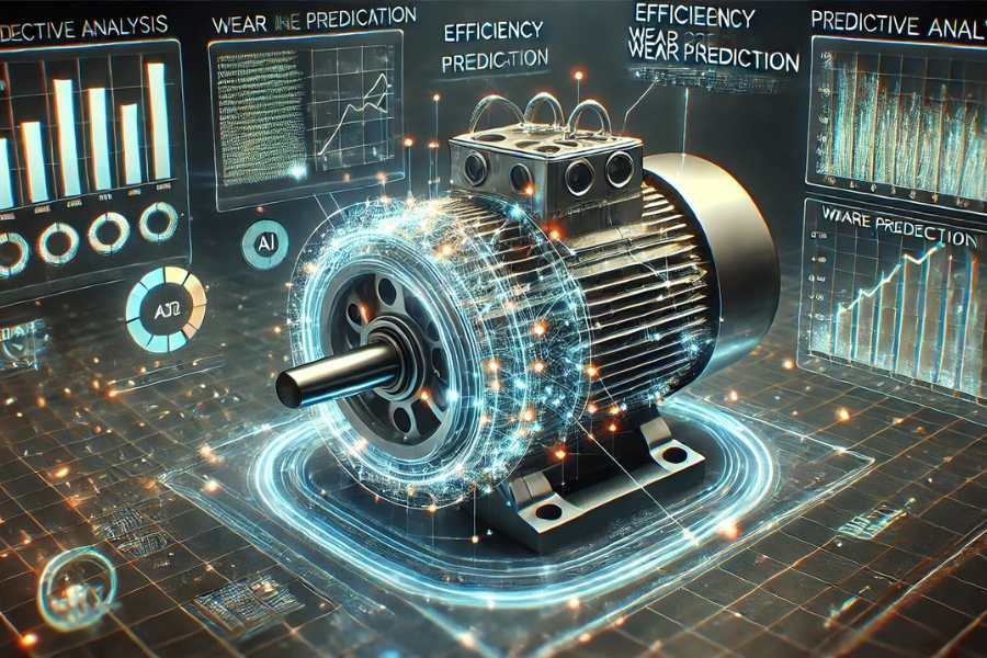 Gráfica de un motor en 3D con conexiones digitales simulando datos procesados por IA para predicción de fallas.