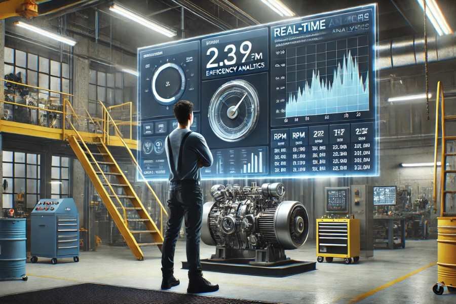 Un técnico supervisando datos en una pantalla con gráficos de rendimiento de un motor, destacando el monitoreo en tiempo real basado en IA.