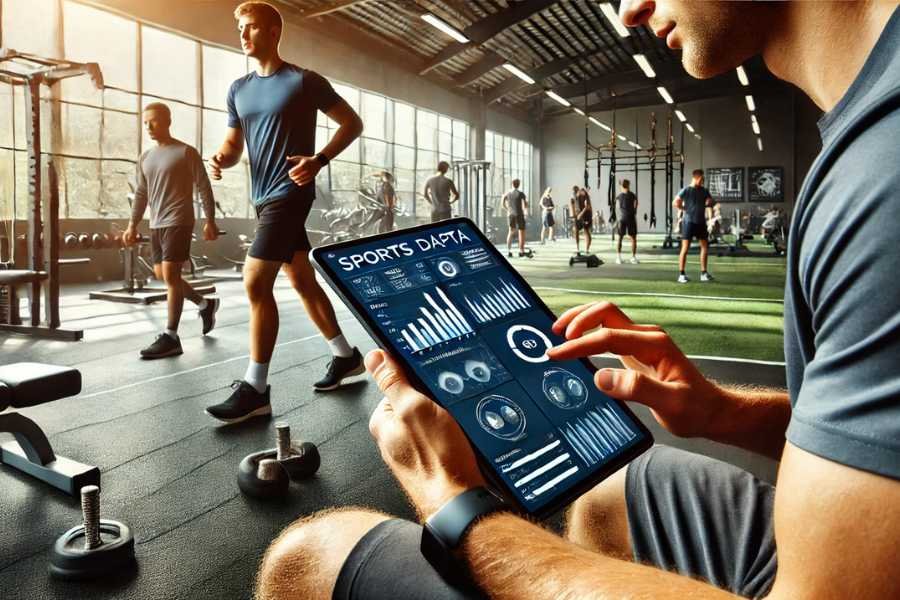 Un entrenador revisando datos de rendimiento en una tableta mientras un atleta realiza ejercicios en el gimnasio, mostrando el uso de IA para prevenir lesiones.