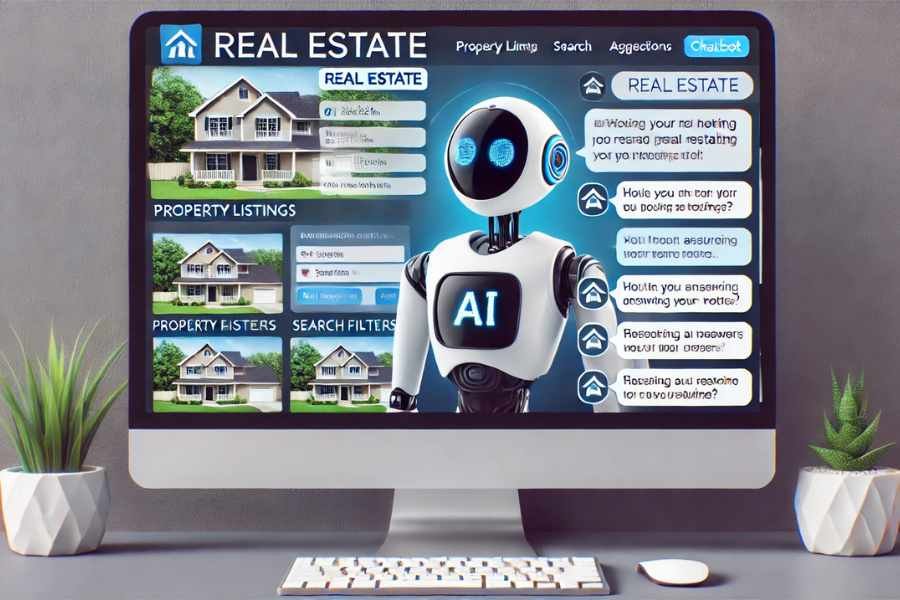 Chatbot impulsado por IA interactuando con un cliente en línea en un sitio web inmobiliario.