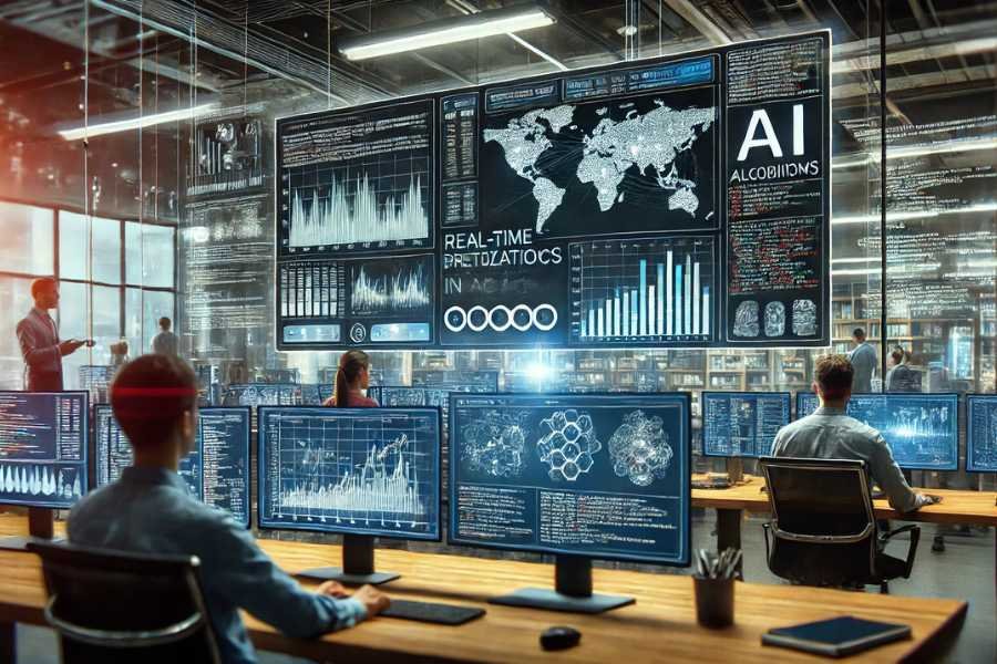 Visualización de datos en una pantalla con gráficos y algoritmos de IA trabajando en tiempo real para analizar grandes volúmenes de datos de consumidores.