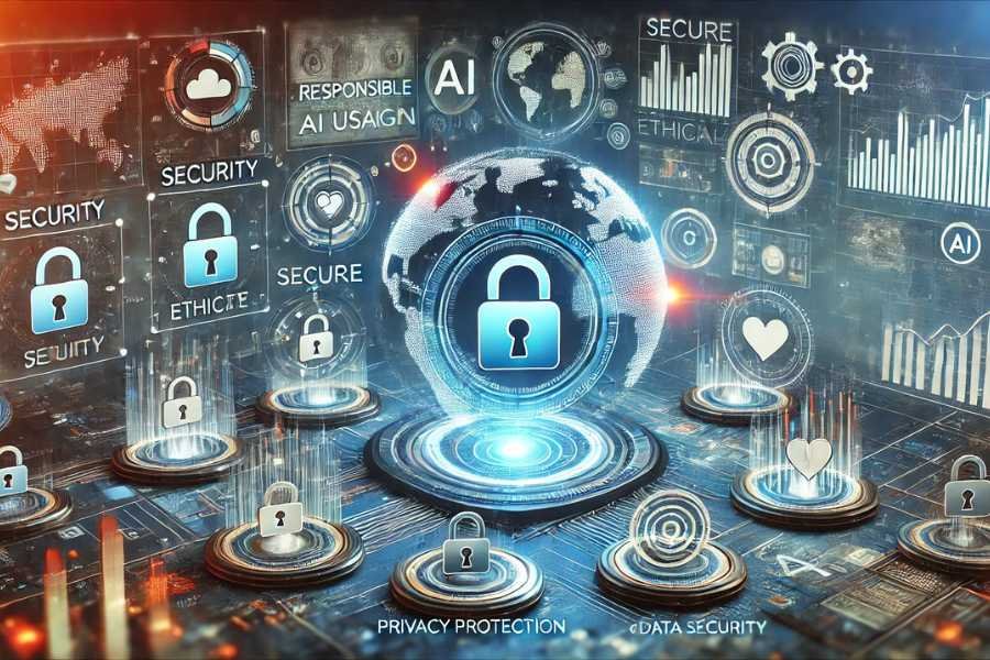 Un entorno virtual con candados digitales y símbolos de datos, representando la protección de la privacidad y los desafíos éticos de la IA.