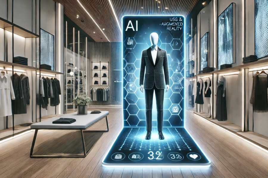 Una cliente probándose ropa virtualmente mediante una pantalla con IA en una tienda futurista.