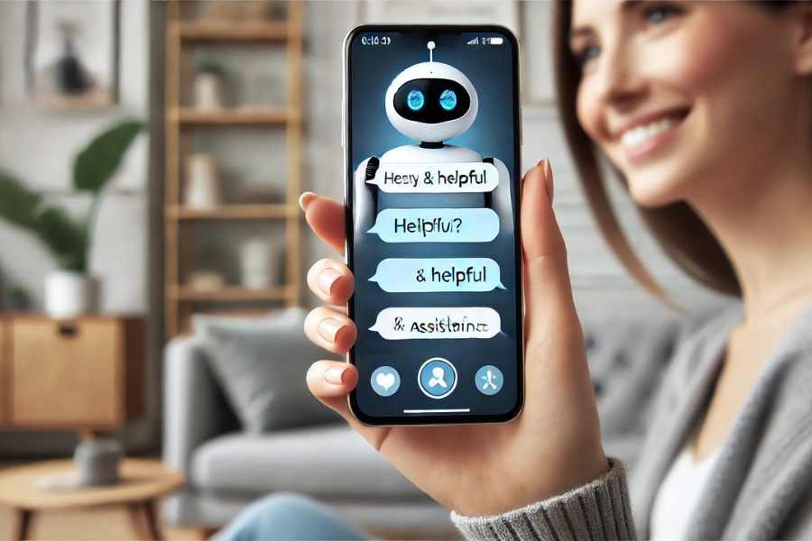 Un chatbot en un smartphone interactuando con un usuario, ejemplificando el marketing conversacional basado en IA.