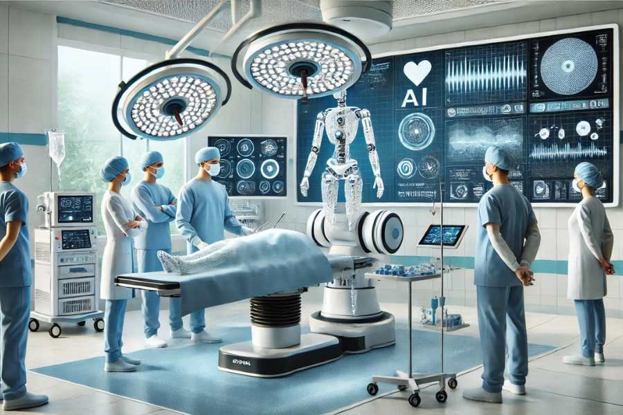 Un robot quirúrgico asistido por IA operando en un quirófano moderno con un equipo médico observando