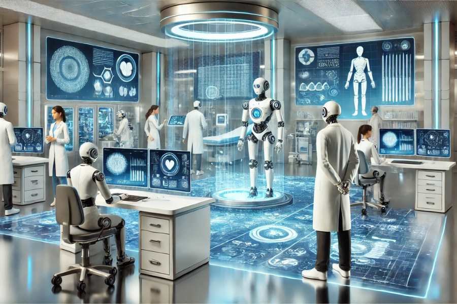 Un laboratorio médico avanzado con robots autónomos y profesionales supervisando en pantallas digitales