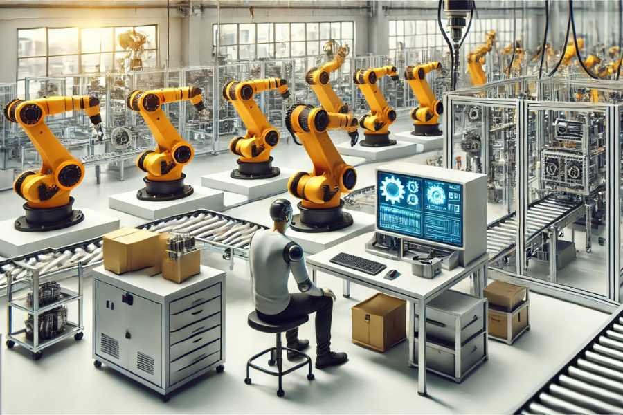 Robots colaborativos automatizando procesos en una línea de producción moderna.