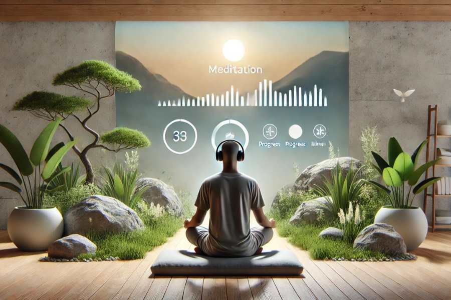 Persona utilizando auriculares mientras practica meditación guiada en un entorno tranquilo con IA proporcionando apoyo emocional.