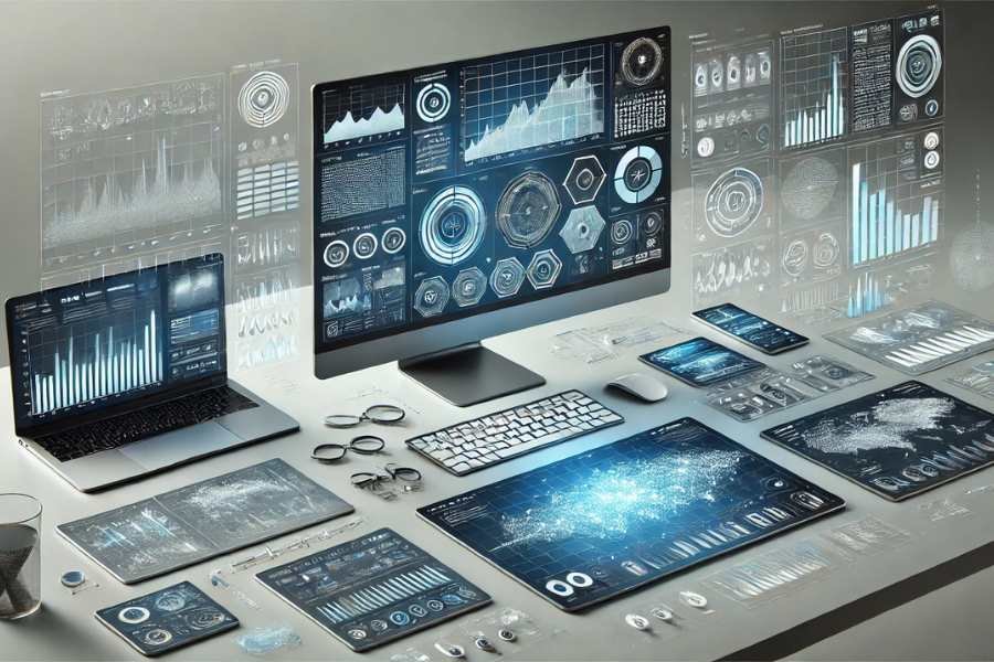 Gráficos y paneles de control digital mostrando análisis de datos para innovación empresarial con IA