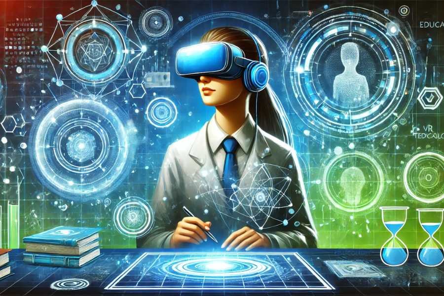 Educador utilizando realidad virtual para capacitarse con tecnología IA