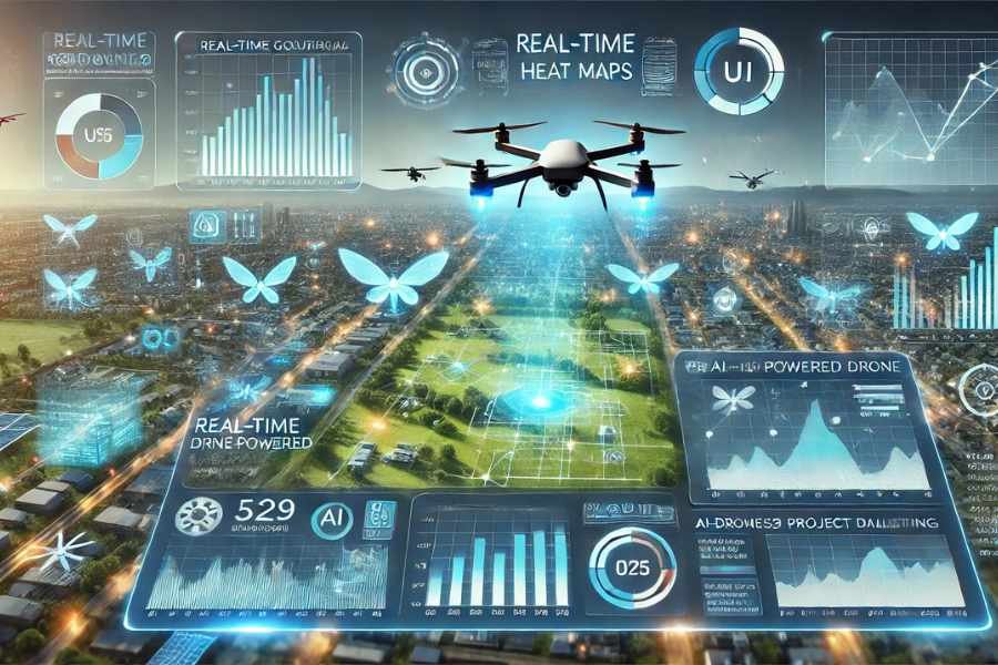 Dashboard digital que muestra an谩lisis en tiempo real de una red de drones equipados con IA