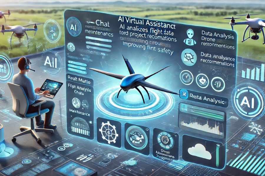 Asistente virtual basado en IA mostrando recomendaciones de mantenimiento y rutas optimizadas para drones