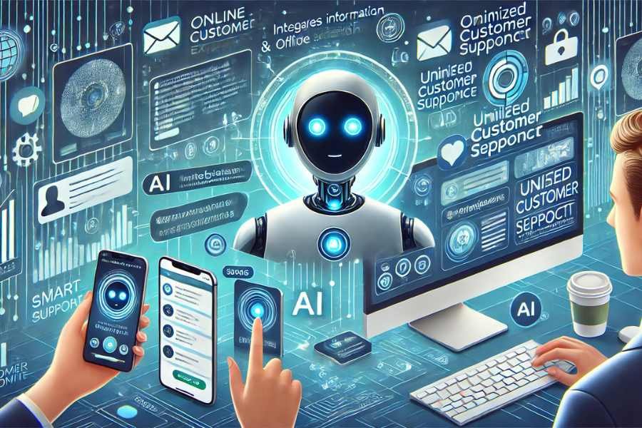 Asistente virtual de IA colaborando con un cliente a través de múltiples canales