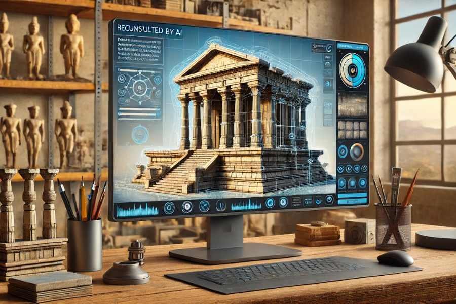 Pantalla con modelo 3D de un templo antiguo reconstruido mediante IA.