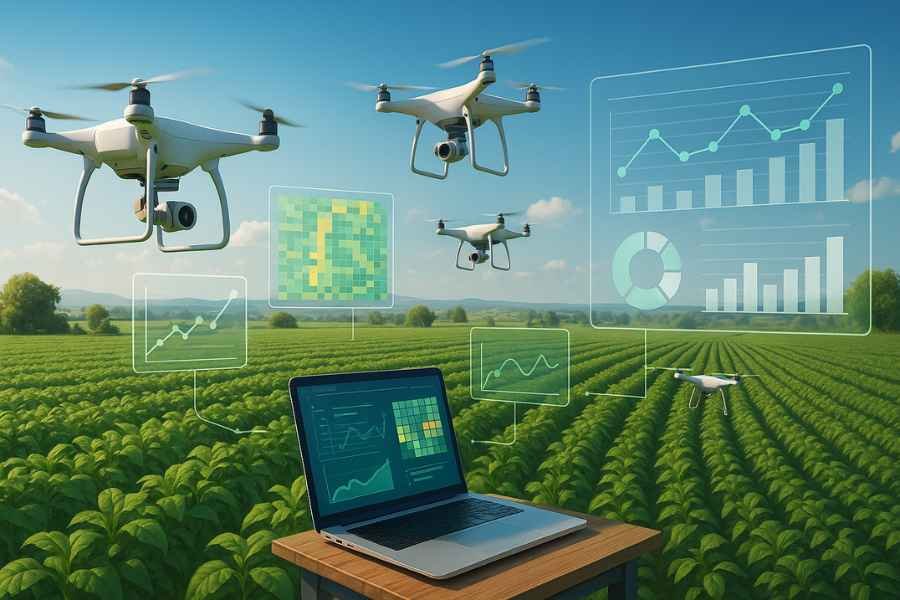 Agricultura sostenible monitorizada por drones y sistemas de inteligencia artificial.