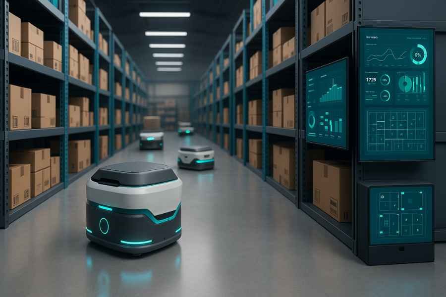 Robot móvil autónomo realizando tareas logísticas en un almacén automatizado.