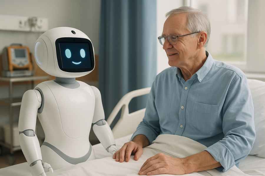 Robot de asistencia médica autónomo interactuando con un paciente en un hospital.