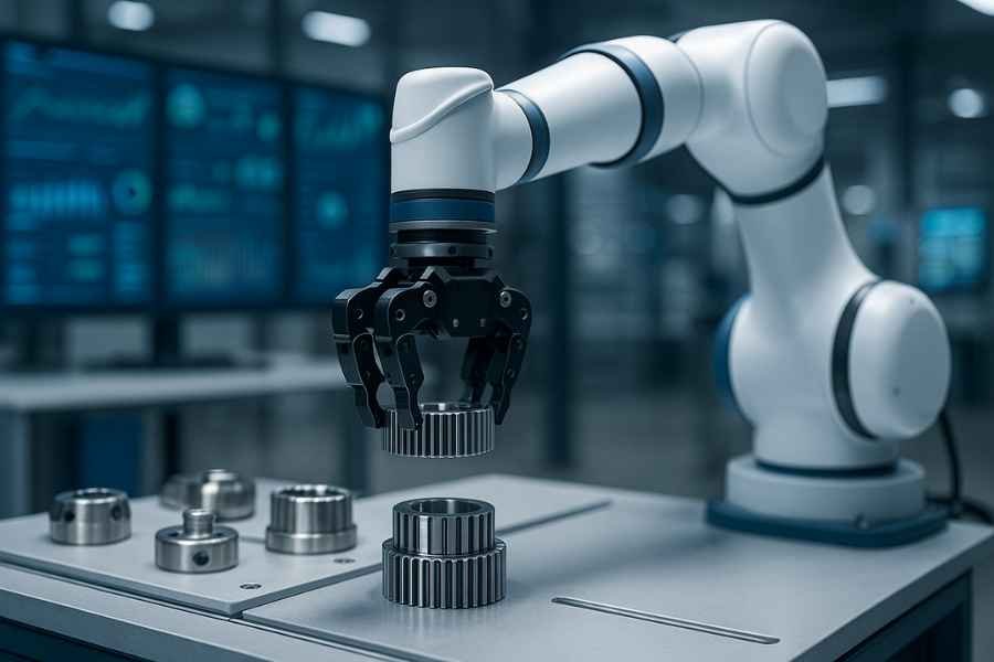 Robot autónomo trabajando de forma independiente en un entorno industrial avanzado.